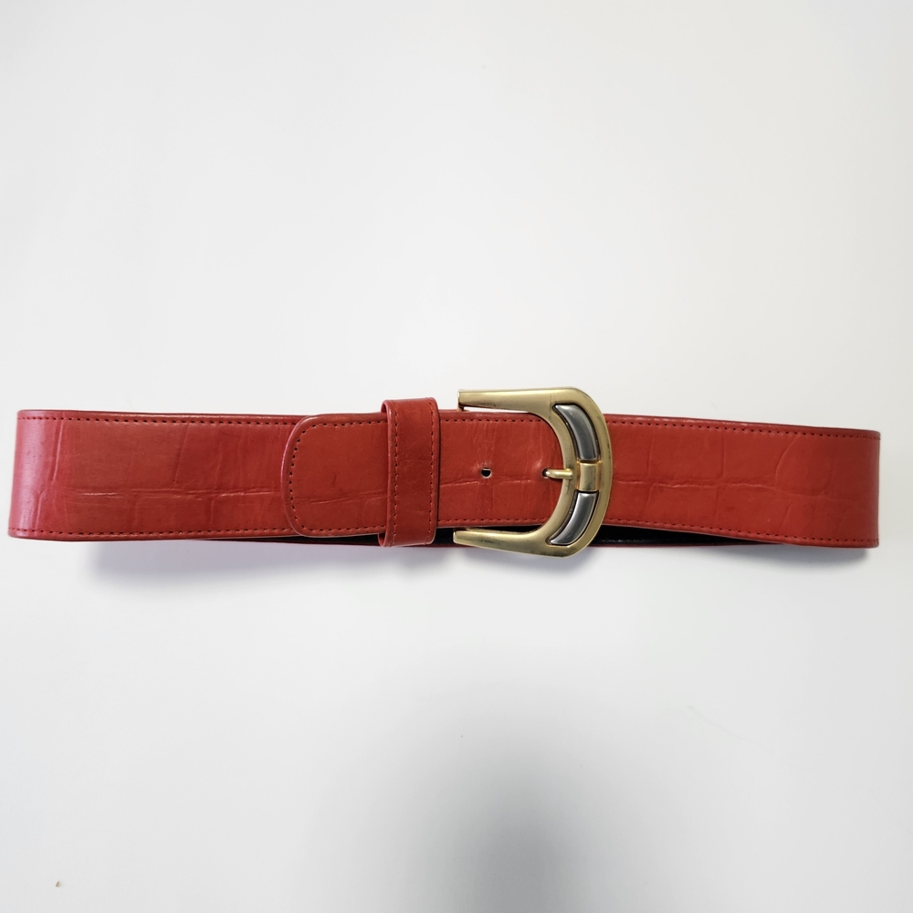 Red Croc-Embossed Leather Belt with Gold Buckle